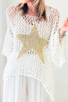 Women's Openwork Star Boat Neck Knit Beach Cover Up Top Swim wear