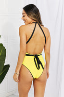 Women's Contrast Tie-Waist Plunge One-Piece Bikini Swimsuit