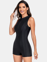 Women's Black Zip Up Round Neck Sleeveless One-Piece Swim suit