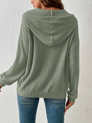 Women's Ribbed Dropped Shoulder Drawstring Hoodie