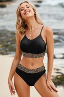 Women's Leopard Trim Scoop Neck Bikini Swim suit Set