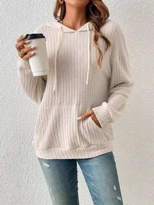 Women's Ribbed Dropped Shoulder Drawstring Hoodie