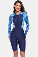 Women's Printed Half Zip Long Sleeve One-Piece Rash guard Bikini Swim suit