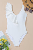 Women's White Ruffled V-Neck Wide Strap One-Piece Bikini Swim suit