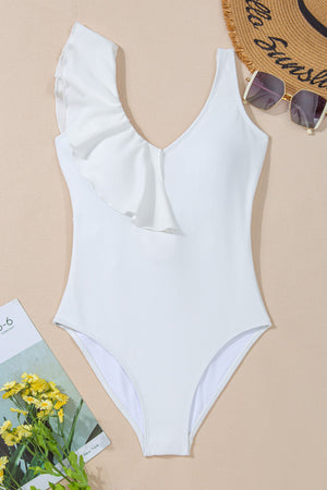 Women's White Ruffled V-Neck Wide Strap One-Piece Bikini Swim suit