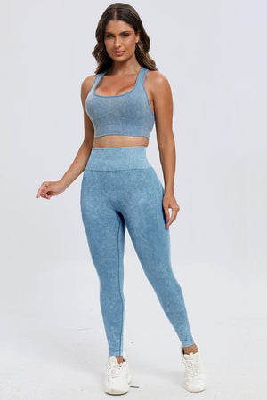 Women's 3 Piece Washed Square Neck Wide Strap Sports Bra and yoga pants leggings and shorts Active Set