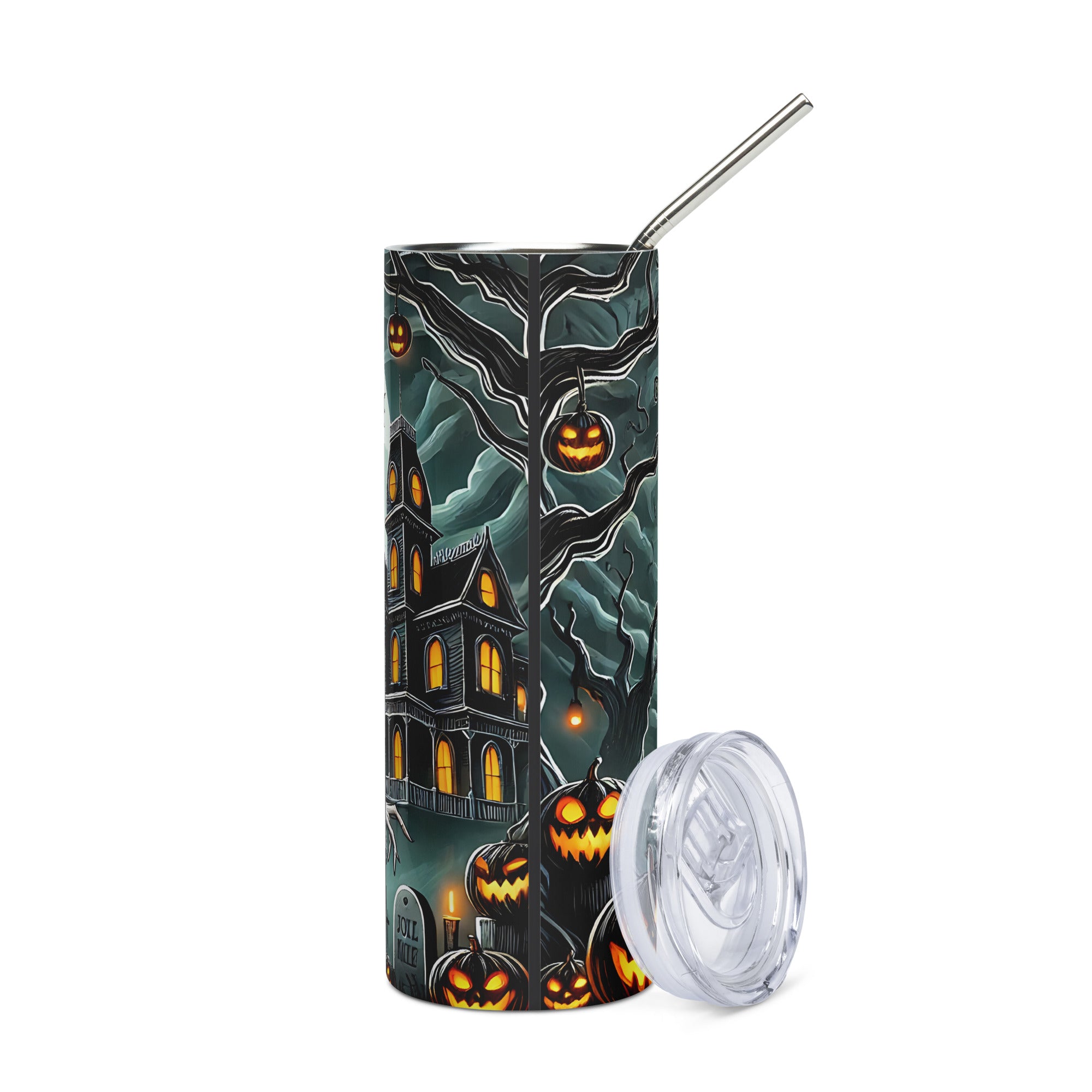 Halloween House and Pumpkins Stainless steel tumbler cup with Straw