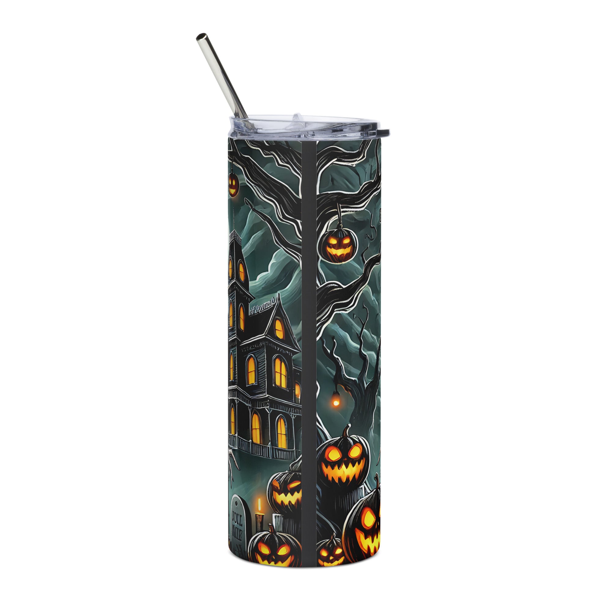 Halloween House and Pumpkins Stainless steel tumbler cup with Straw