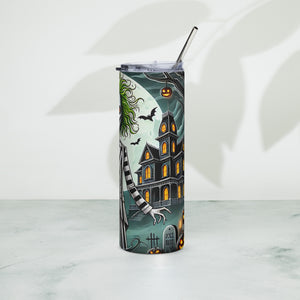 Halloween House and Pumpkins Stainless steel tumbler cup with Straw