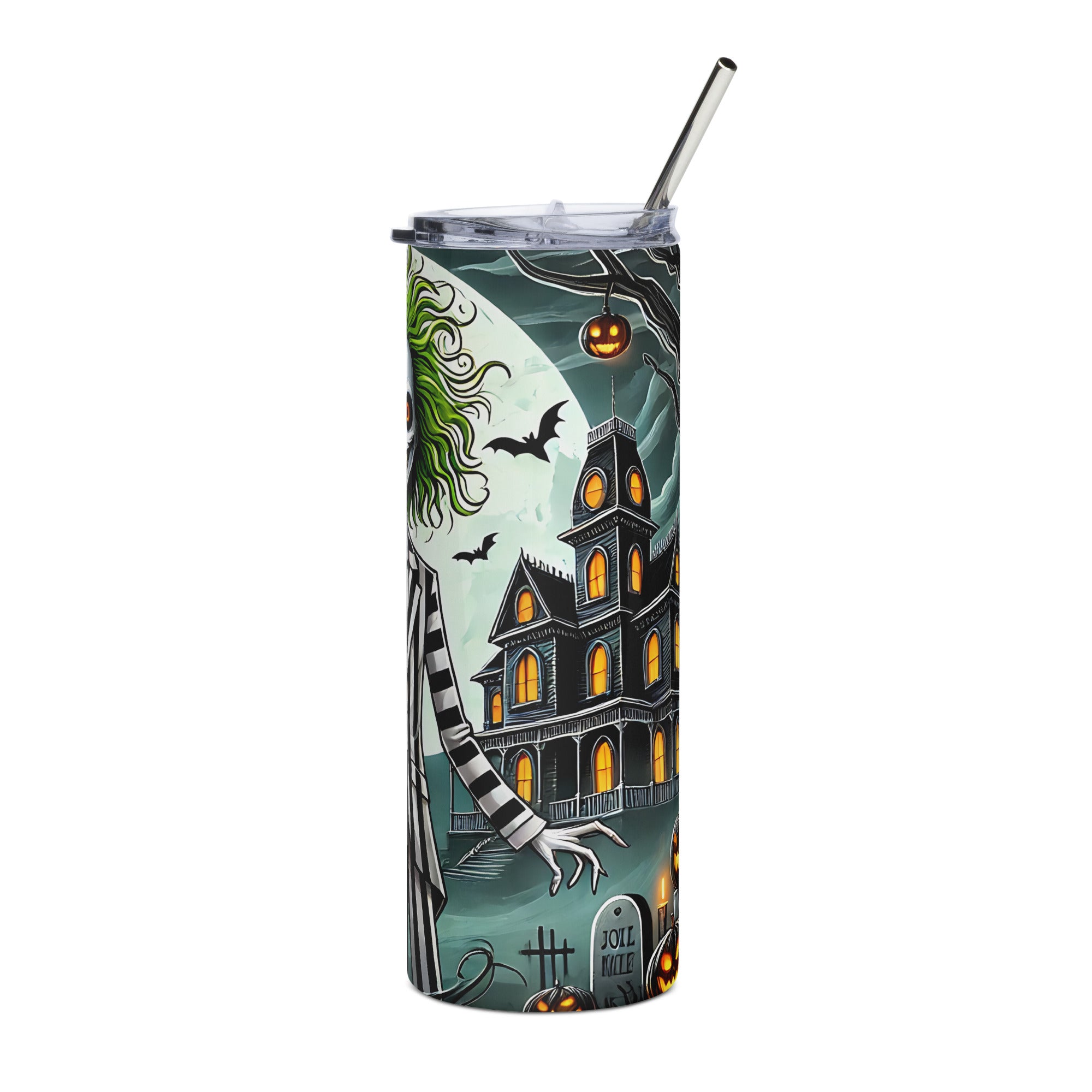 Halloween House and Pumpkins Stainless steel tumbler cup with Straw