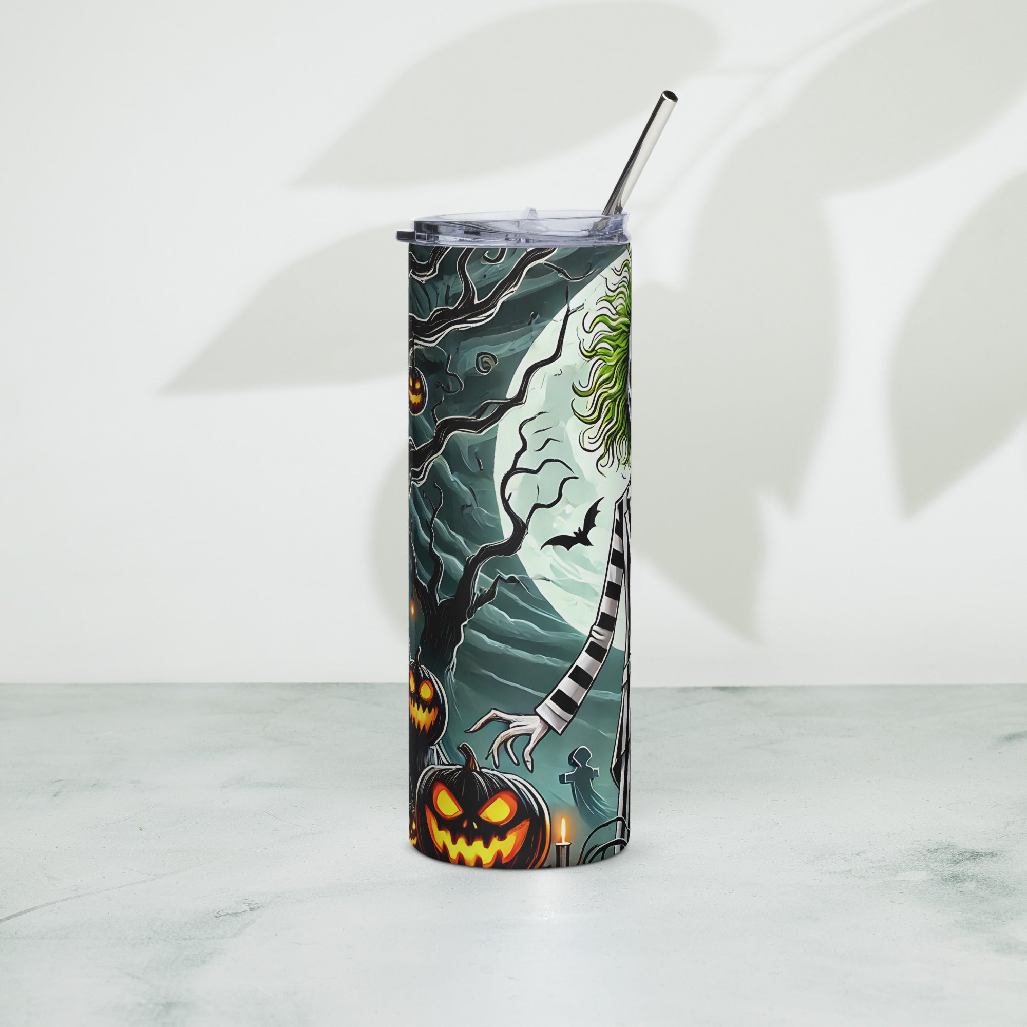 Halloween House and Pumpkins Stainless steel tumbler cup with Straw