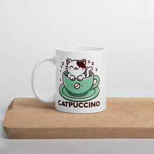 Cute Cat in Cup "Catpuccino" White glossy mug