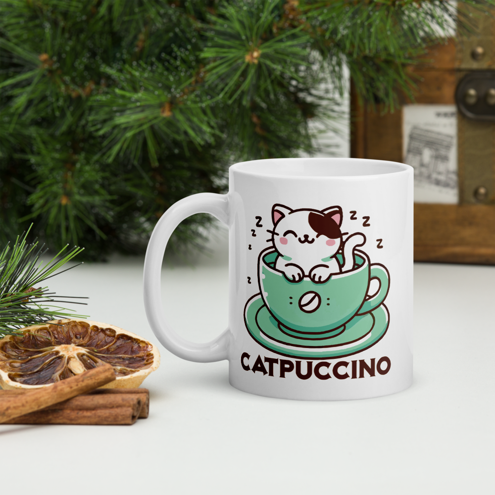 Cute Cat in Cup "Catpuccino" White glossy mug