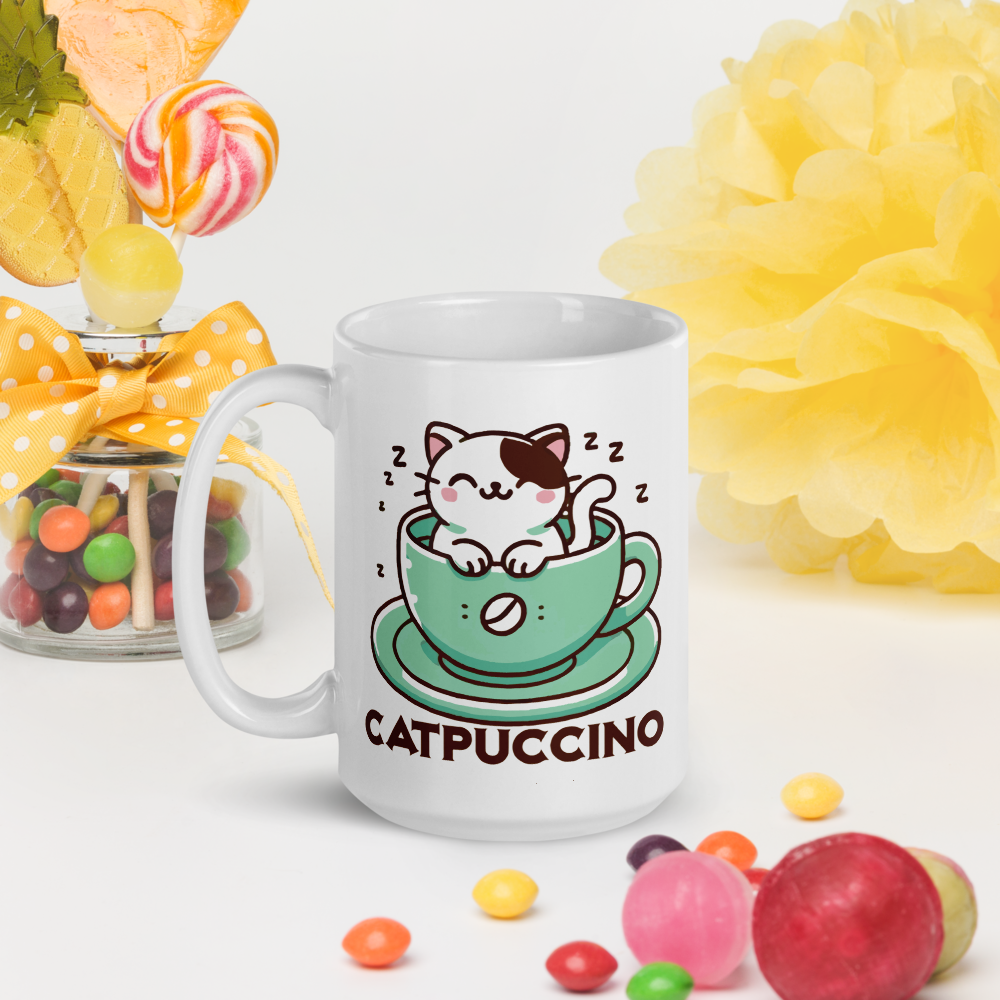 Cute Cat in Cup "Catpuccino" White glossy mug